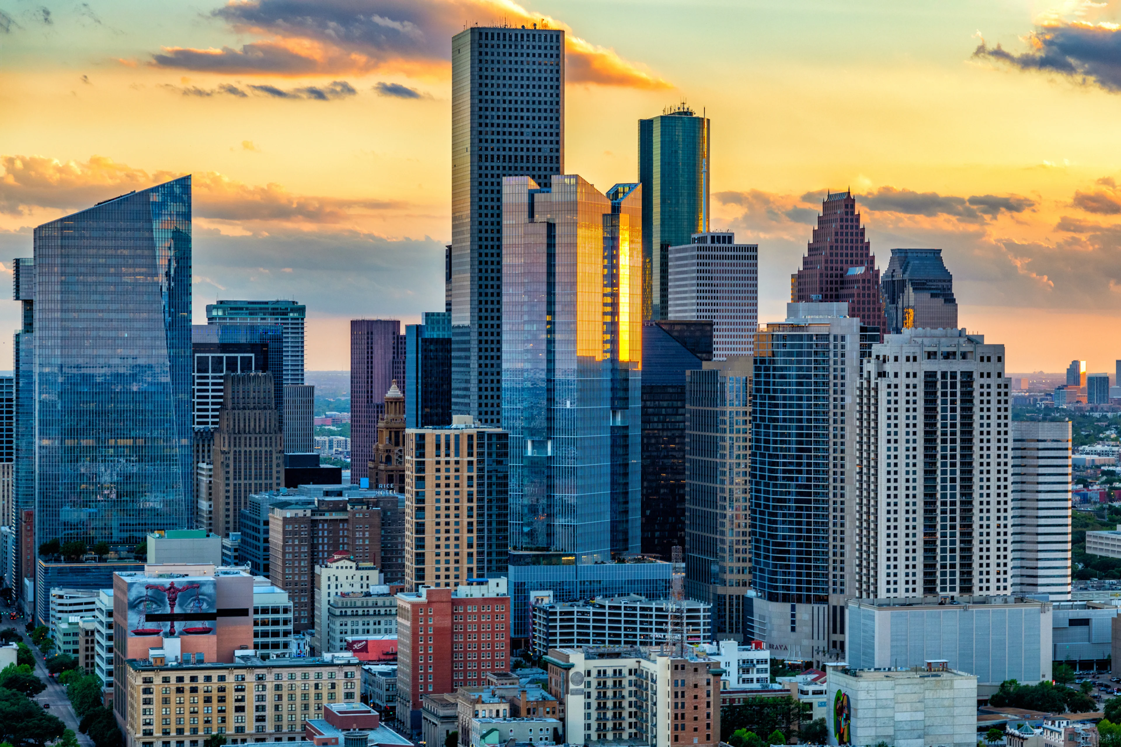 Downtown Houston Skyline at sunset.