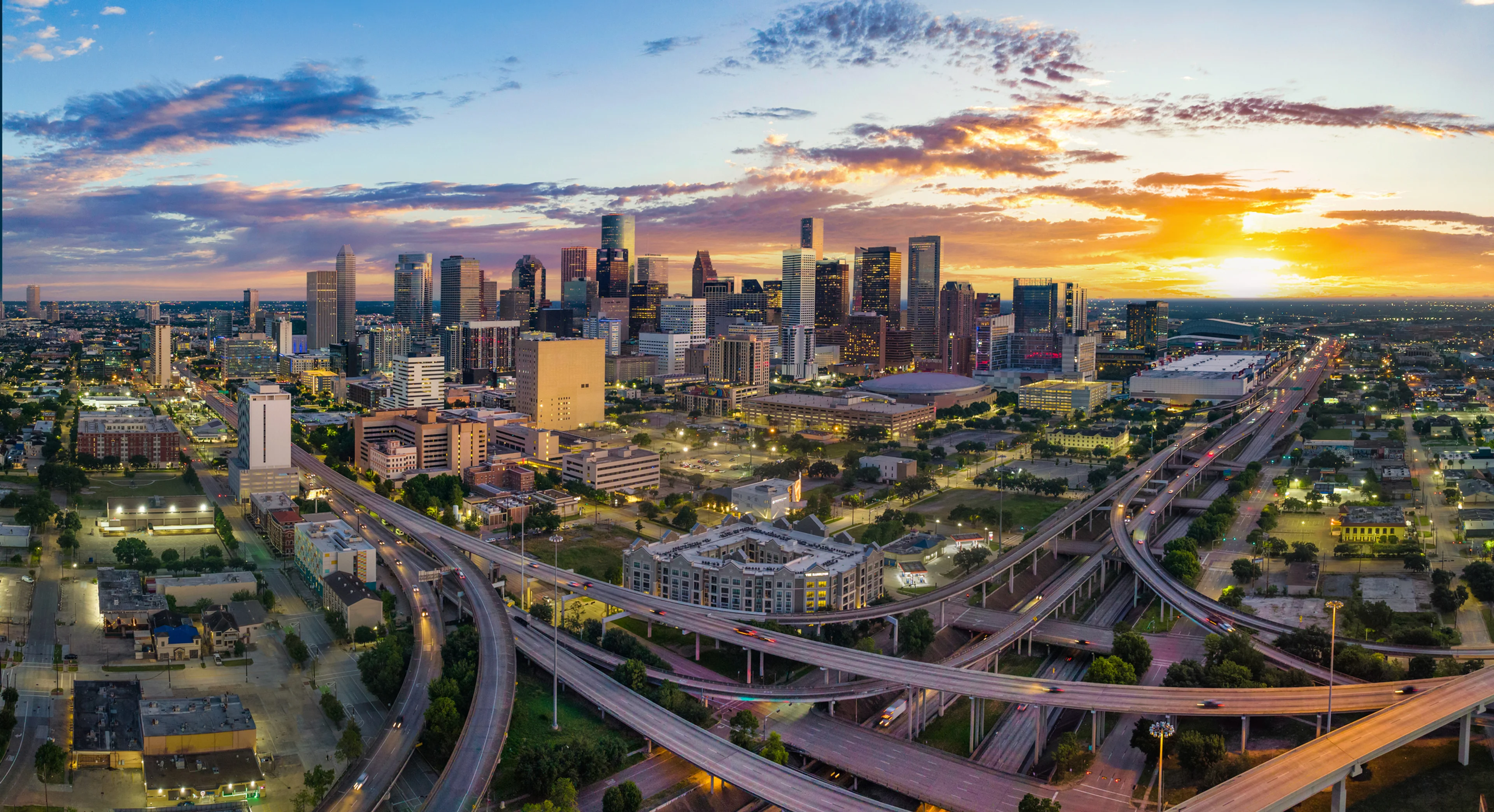 Downtown Houston drone photo of the skyline.