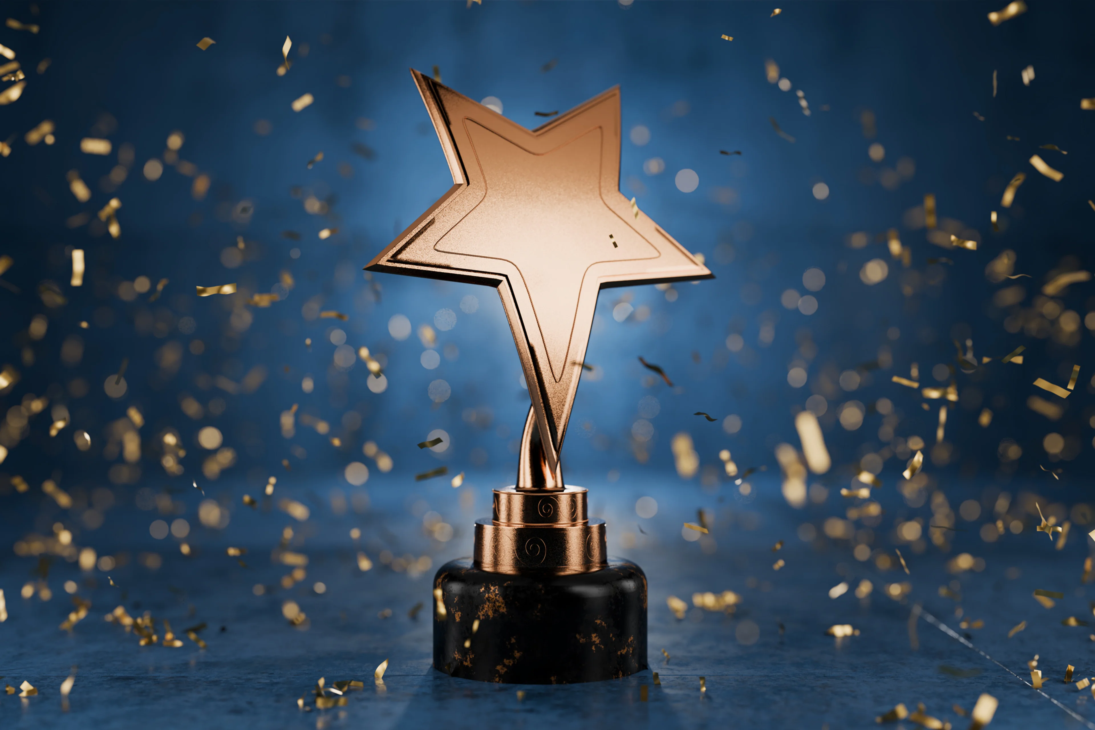 Gold star trophy with a blue background and gold confetti.