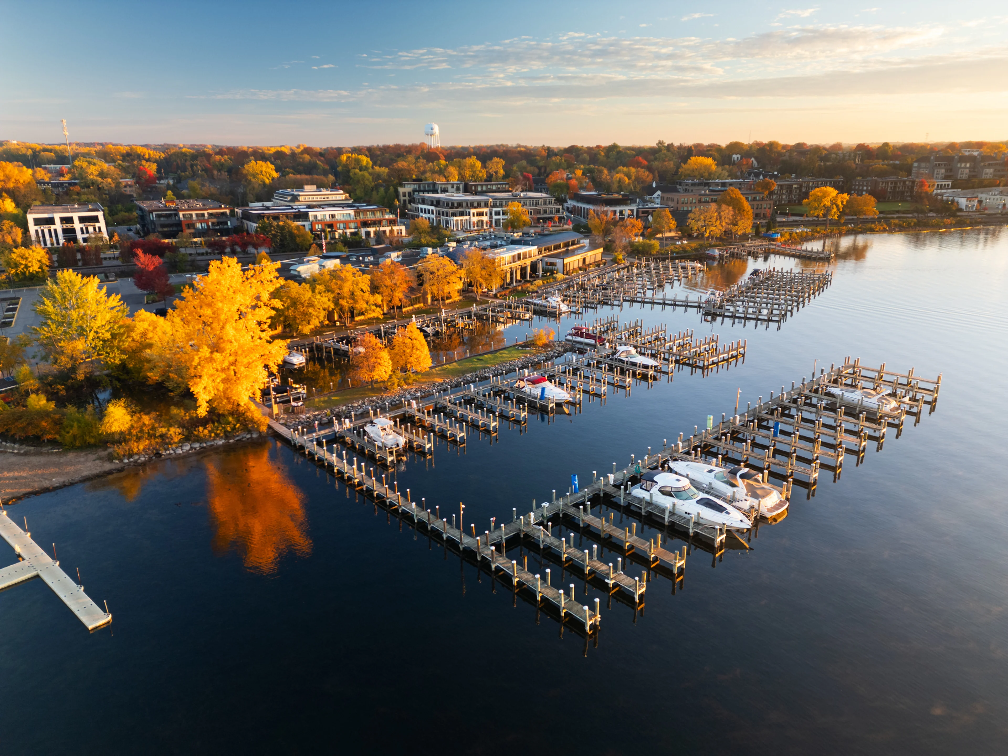 Autumn aerial view of Wayzata Minnesota which sits on the shores of Lake Minnetonka near Minneapolis.