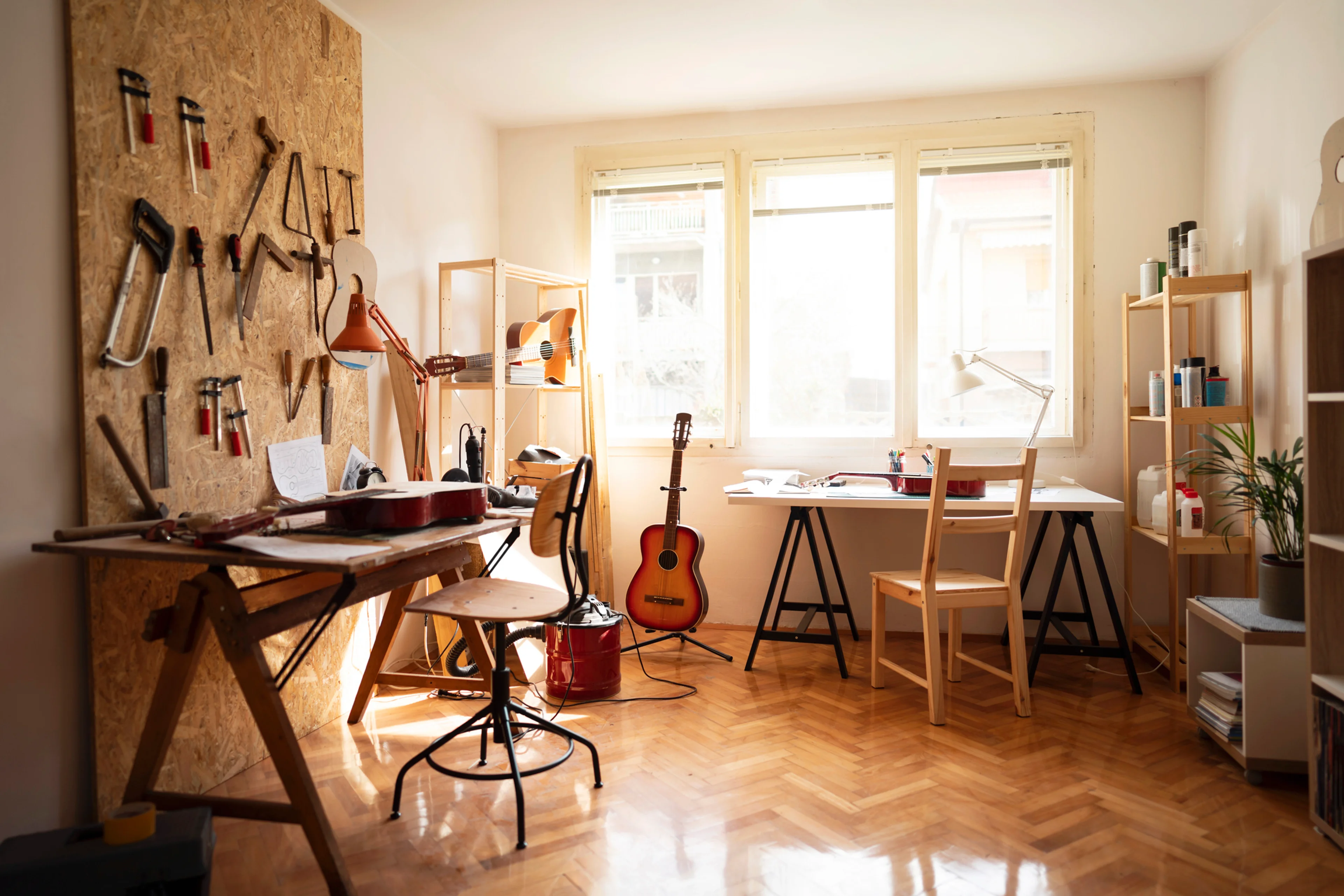 Interior of bright and sunny local business, craft studio for making and repairing the guitars.